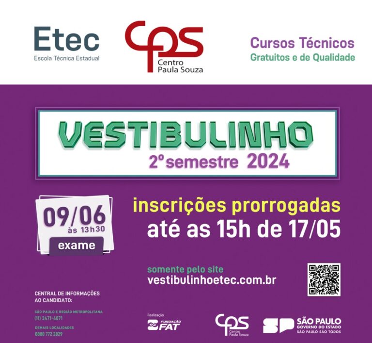 As inscrições do Vestibulinho da Etec José Martimiano da Silva foram prorrogadas até o dia 17/05.