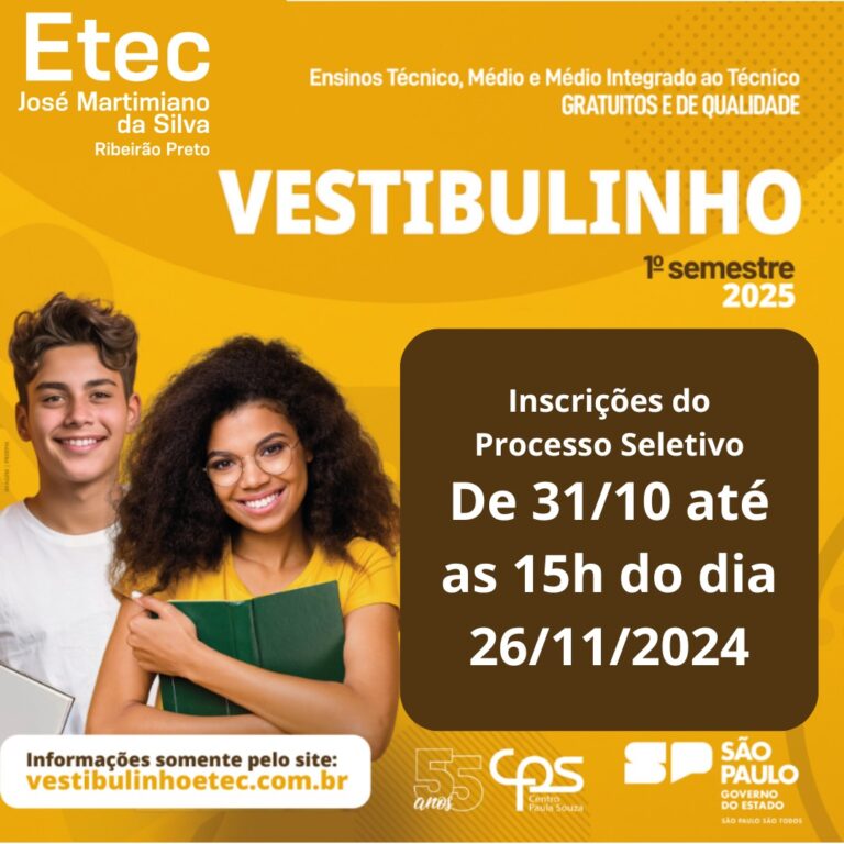 As inscrições para o Vestibulinho 2025 da Etec José Martimiano da Silva seguem até 26/11